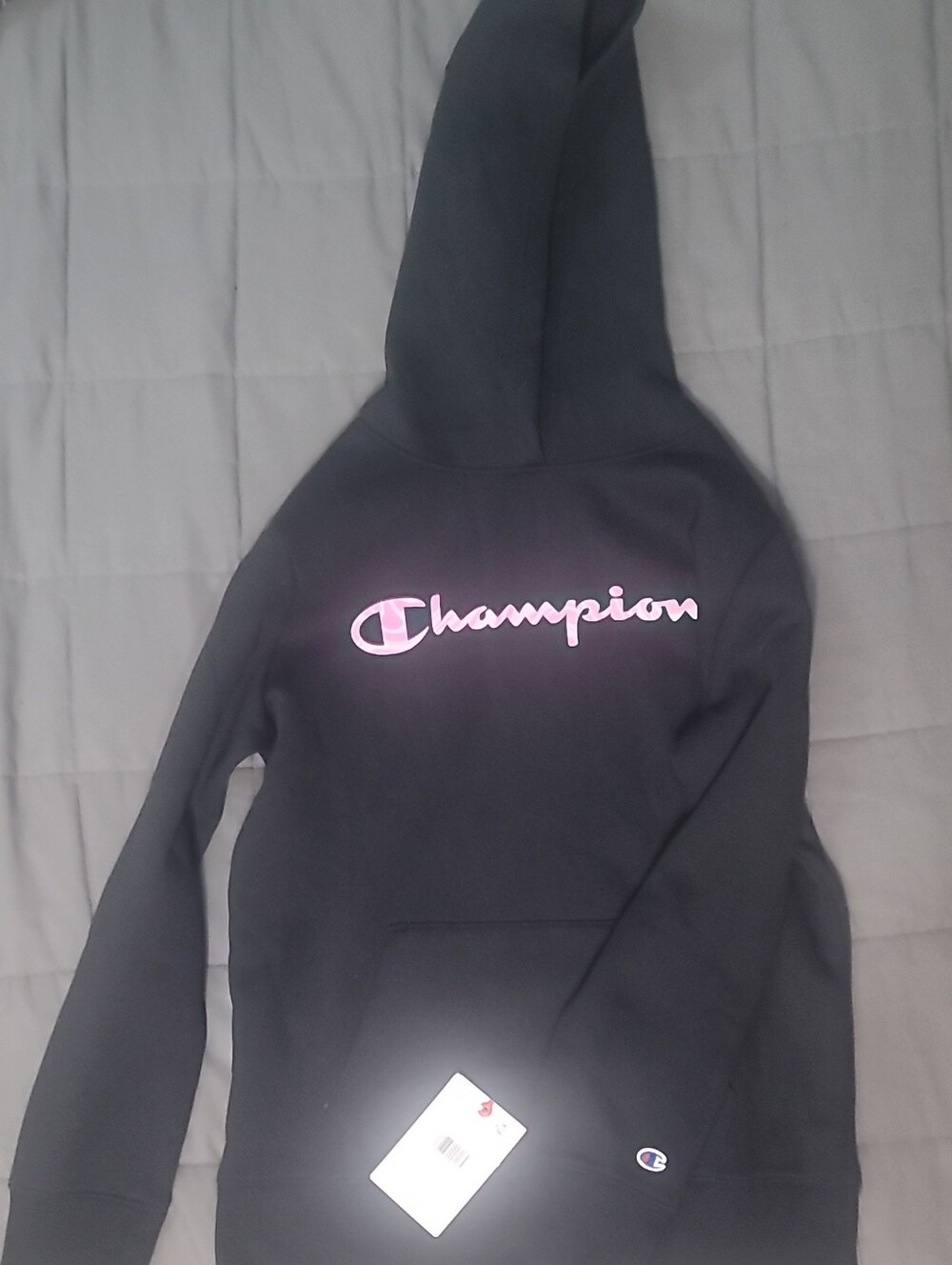 Youth Champion Black Hoodie with Pink Script Logo